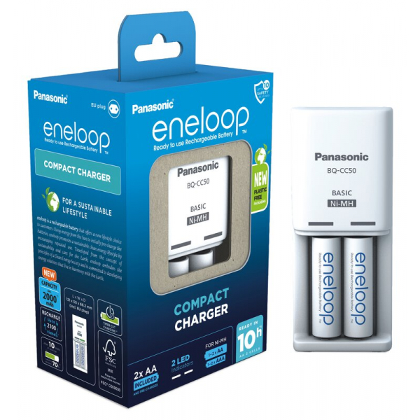 Panasonic Eneloop BQ-CC50 NI-MH rechargeable battery charger + 2 R6/AA 2000mAh batteries Panasonic Eneloop BQ-CC50 NI-MH rechargeable battery charger + 2 R6/AA 2000mAh batteries
